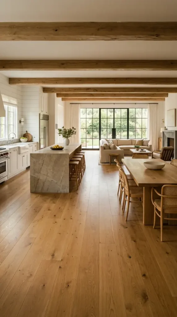 30 Modern Farmhouse Interior Design Seamless Floor Open Plan 1 1. Wide Plank Oak Seamless Floor Across All Zones