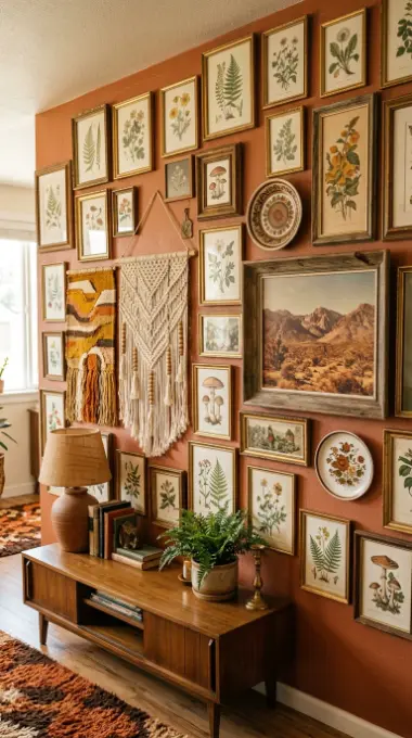 12 Vintage Home Decor Ideas 1970s Earthy Maximalist 10 10. A Gallery Wall of Vintage Prints Woven Pieces and Botanical Art