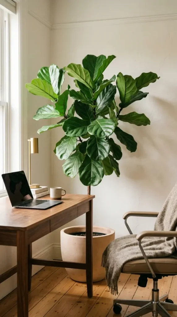 26 Cozy Home Office Warm Wood Linen Neutral Style Ideas 10 10. A Single Architectural Plant for Living Contrast