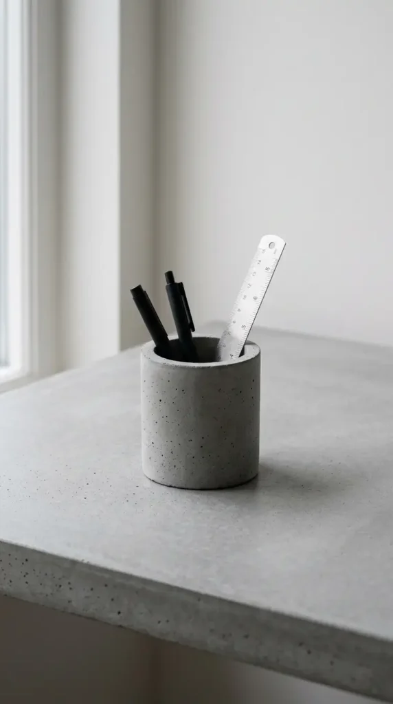 24 Home Office Inspiration Modern Minimal Concrete Steel 10 10. A Single Unglazed Concrete Vessel for Pens and Small Objects