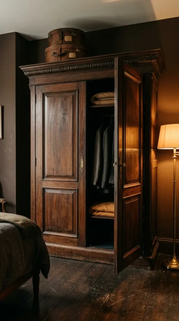 18 Vintage Bedroom Ideas Dark Brown Wood Moody Decor 10 10. Add a Dark Wood Wardrobe With Original Hardware as a Room Anchor