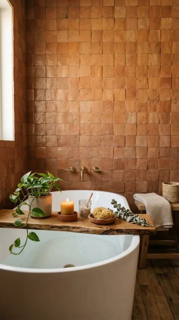 10 Bathtub Tray Ideas Boho Rattan Warm Earthy Style 10 10. Anchor the Whole Scene With a Warm Terracotta or Clay-Toned Wall Tile Backdrop