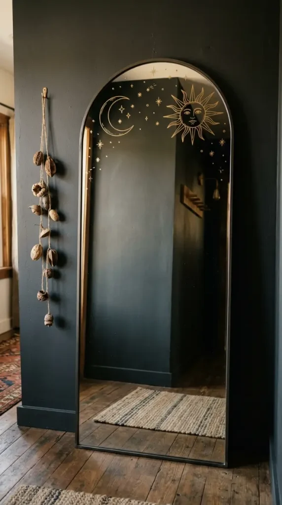 15 Decorated Mirror Hand Painted Arch Entryway Eclectic Wall 10 10. Arch Mirror With Hand Painted Celestial Motifs on the Glass