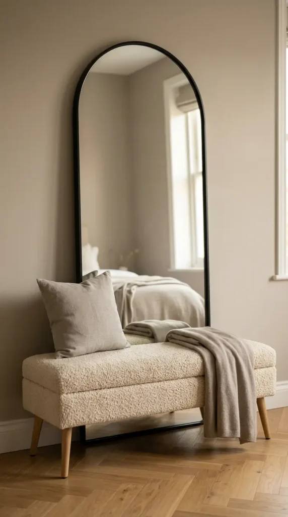 14 Big Mirror in Bedroom Leaning Arch Black Frame Greige 10 10. Arch Mirror With a Boucle Bench at Its Base