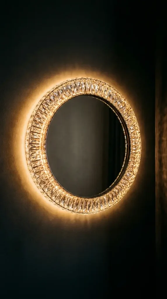 16 Bedazzled Mirror Vanity Crystal Old Hollywood Glam Decor 10 10. Backlit Crystal Mirror Glowing From Behind the Frame