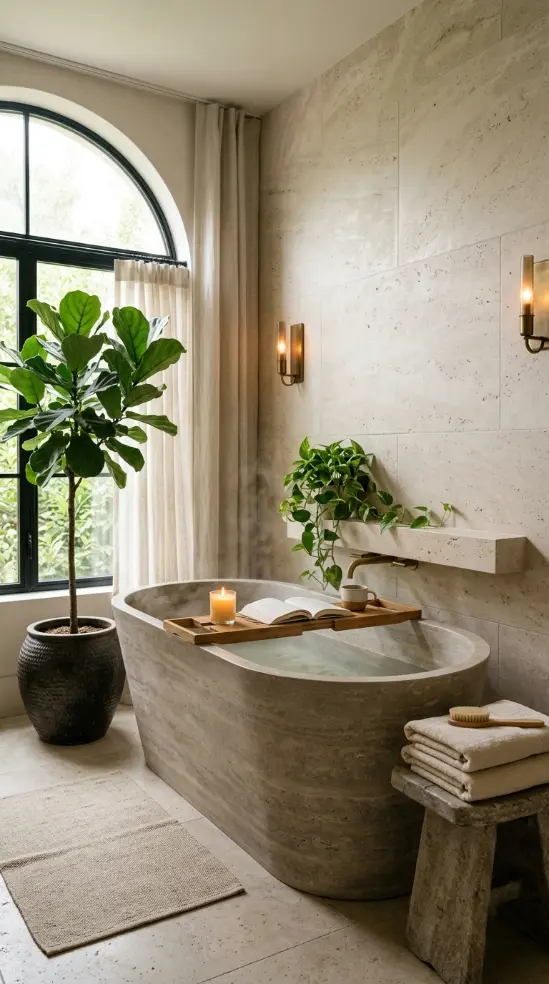 16 Rustic Bathtub Tray Ideas for a Spa Style Bamboo Tub 10 10. Bamboo Tray in a Bathroom With Stone and Plant Styling