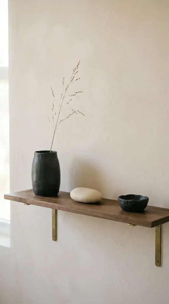 24 Modern Bathroom Plant Aesthetic Japandi Bonsai Minimal 10 10. Bathroom Shelf Vignette — Stone, Ceramic, and One Dried Stem