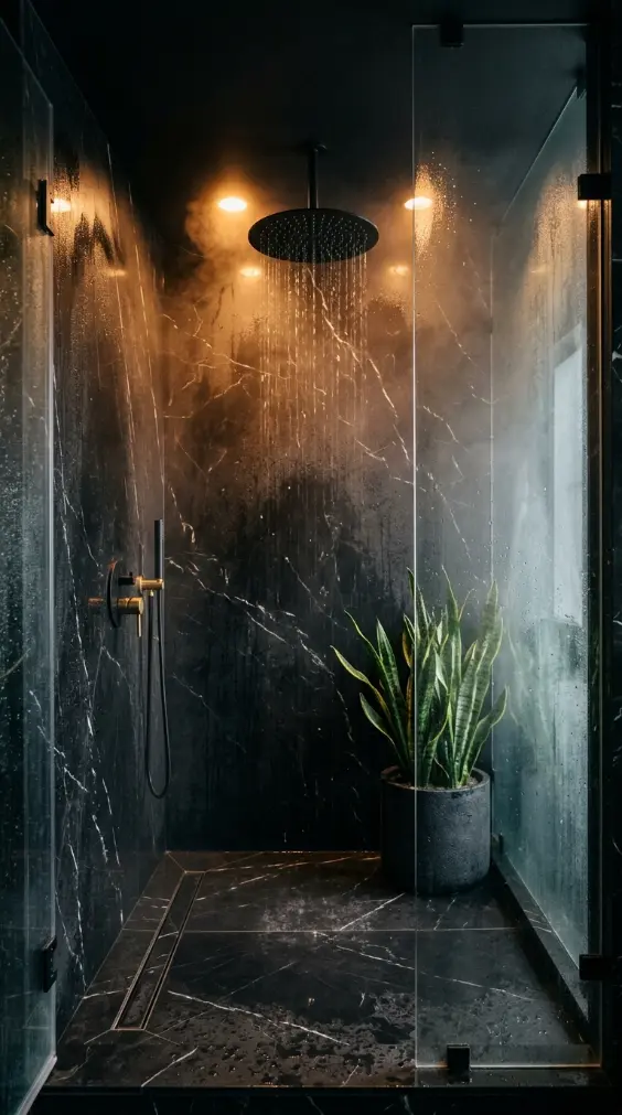 23 Bathroom Plants Decor Luxury Spa Black Marble Style 10 10. Black Marble Shower With Rainfall Head and Plant in Corner