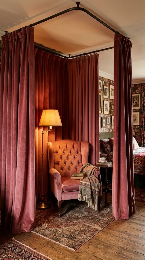 19 Comfy Reading Chair Vintage Pink Velvet Bedroom Maximalist 10 10. Canopy of Velvet Curtains Around the Chair Corner