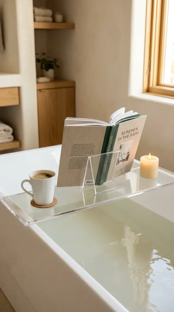 20 Bathtub Tray Clear Acrylic Modern Minimal Floating Look 10 10. Clear Acrylic Tray With a Hardcover Book and Reading Coffee