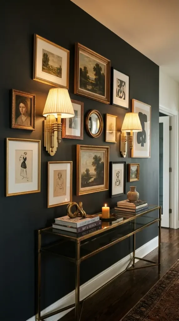 18 Console Table Decor Maximalist Gallery Wall Picture Lights 10 10. Console with Sculptural Lighting as Gallery Wall Anchor