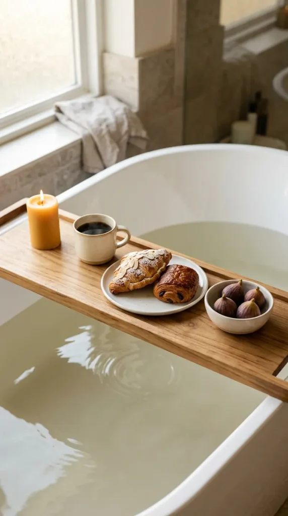 18 Bath Tub Decor Ideas Freestanding Tray Quiet Luxury 10 10. Create a Breakfast in the Bath Tray With a Pastry and Fresh Fruit