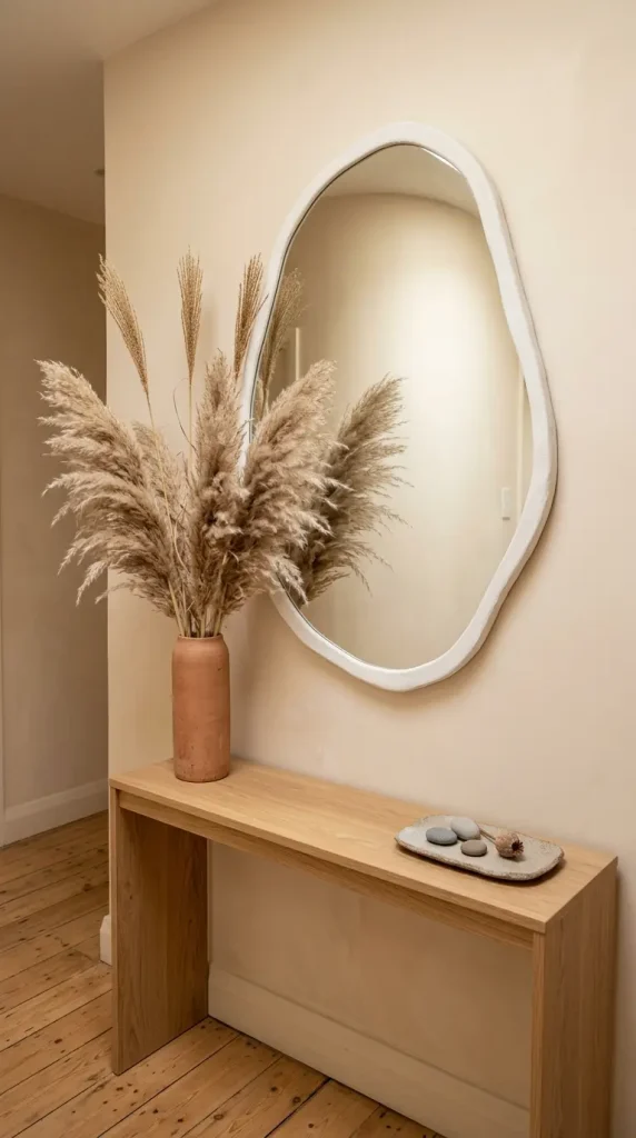 14 Hallway Mirror Ideas Organic Puddle Mirror Console 10 10. Create a Console Vignette With Trailing Dried Botanicals Beside the Puddle Mirror