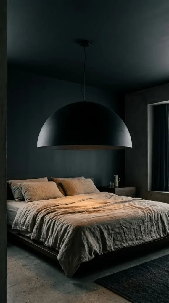 13 Minimalist Luxury Bedroom Dark Moody Charcoal Dramatic Calm 10 10. Dark Bedroom With a Large Scale Architectural Pendant