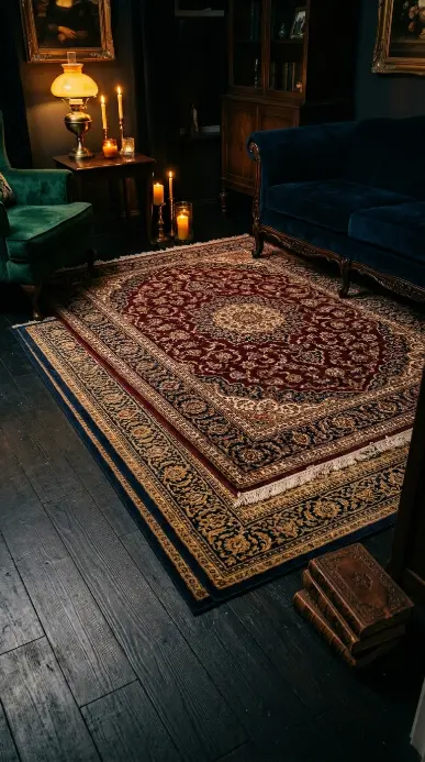 20 Vintage Home Aesthetic Glamouratti Moody Apartment 10 10. Dark Timber Floors With Persian or Oriental Rugs Layered Over Them