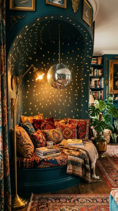 20 Bedazzled Mirror Disco Ball Living Room Maximalist Wall 10 10. Disco Ball Suspended Inside a Reading Nook Alcove