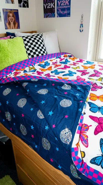 13 Dorm Bed Inspo Y2K Retro Colorful Bold Twin XL Style 10 10. Disco Ball and Star Print Accent Sheet
