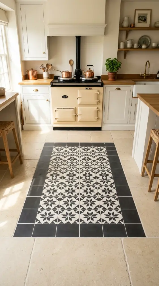 26 Kitchen Flooring Ideas for Farmhouse Black White Encaustic 10 10. Encaustic Tile Inset Panel as Kitchen Floor Feature