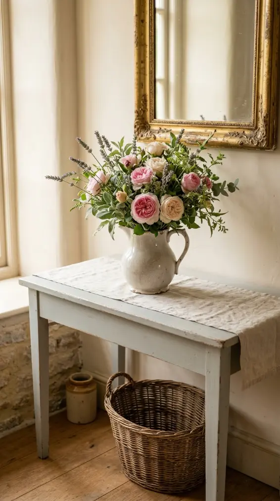 17 Flower Aesthetic Home Decor Entryway Console Quiet Luxury 10 10. French Country Console With Loose Garden Flowers in a Pitcher