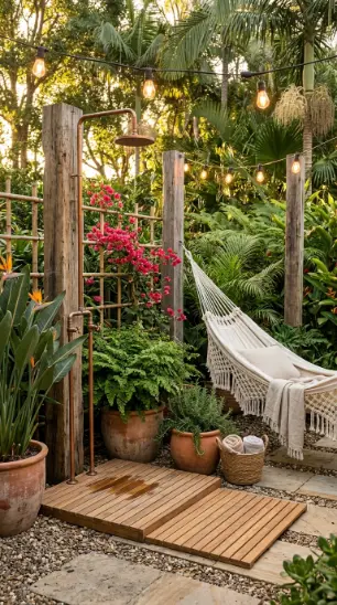 22 Outdoor Furniture Layout Ideas Boho Garden Hammock 10 10. Hammock with Outdoor Shower Integration