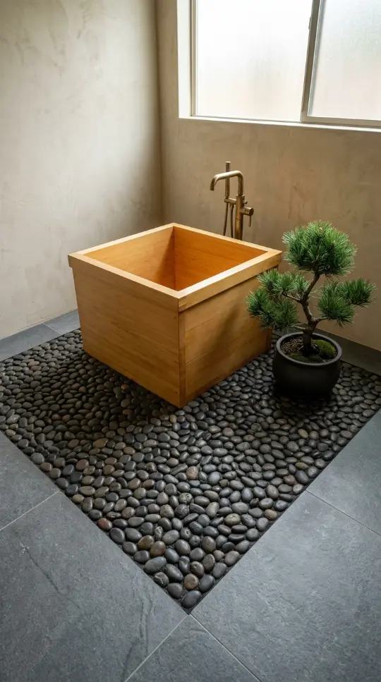 30 Bathroom Plants Decor Japandi Minimal Hinoki Tub Style 10 10. Hinoki Bathroom with Dark Pebble Floor Zone