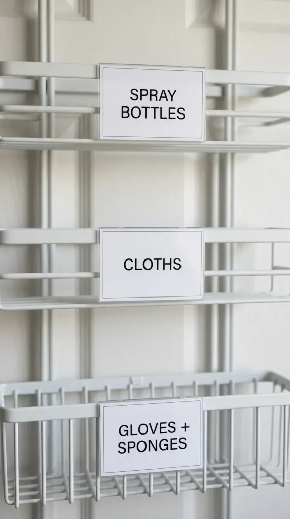 13 Cleaning Closet Organization Door-Mounted Caddy System 10 10. Label Every Zone of the Door Caddy System With a Small Printed Category Label