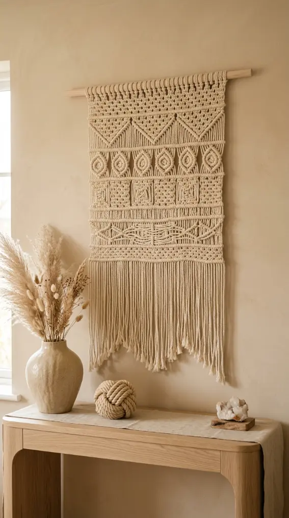 16 Console Table Styling Curved Soft Beige Rope Knot 10 10. Macramé Wall Hanging Above a Beige Console