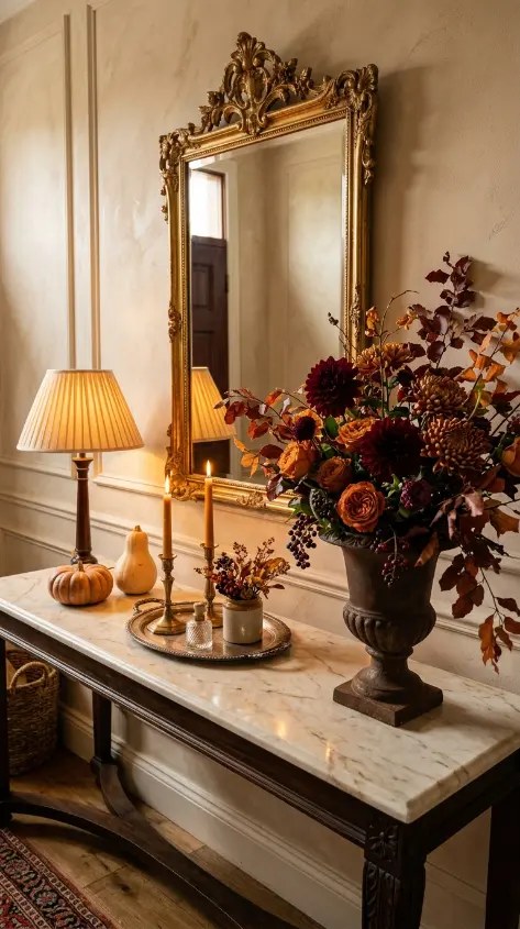 26 Entryway Console Table Ideas Traditional Marble Top 10 10. Marble Top Console With Seasonal Autumn Botanical Styling