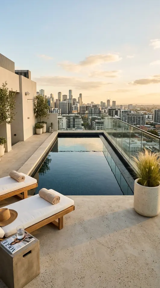 26 Minimal Outdoor Living Space Design for a Rooftop Terrace 10 10. Minimal Rooftop With Infinity Edge Plunge Pool