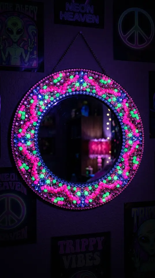 12 Bedazzled Mirror Y2K Rhinestone DIY Pink Glam Bedroom 10 10. Mirror Bedazzled With Rhinestones and UV Reactive Beads That Glow Under Blacklight