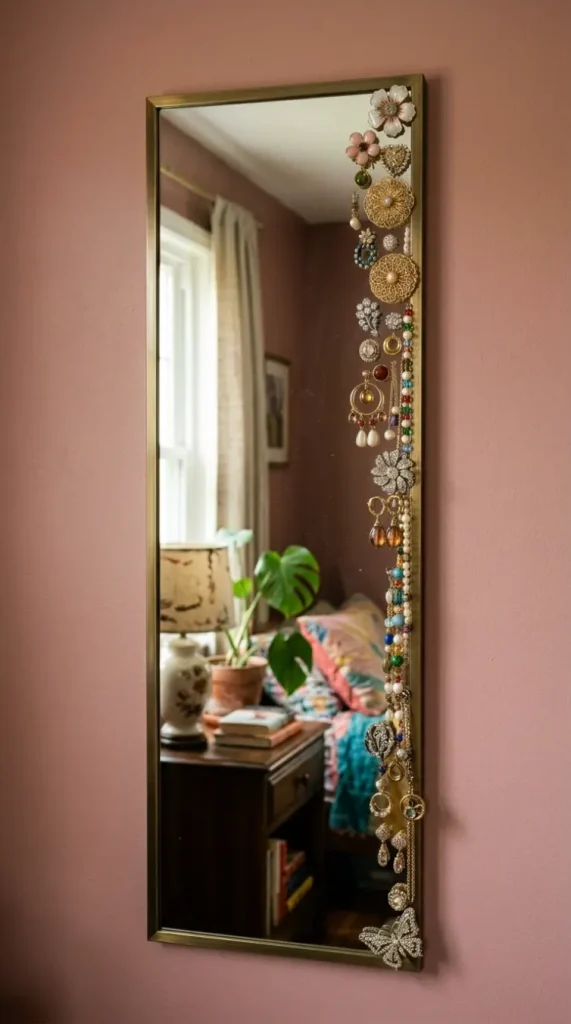 13 Bedazzled Mirror Vintage Jewelry DIY Eclectic Bedroom 10 10. Mirror Bedazzled With Vintage Jewelry in a Loose Vertical Cascade