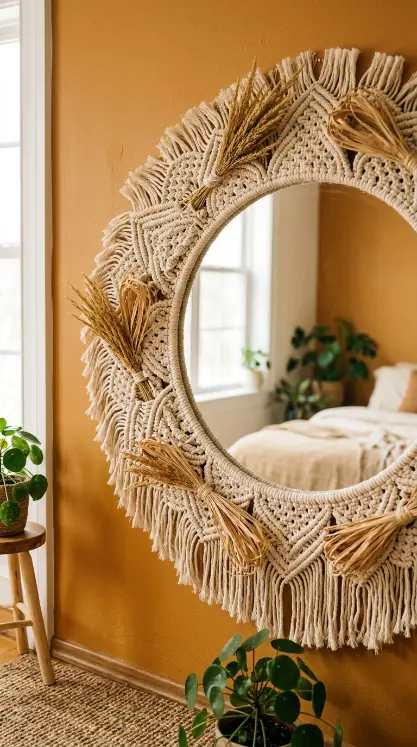 13 Decorated Mirror Boho Macrame DIY Bedroom Earthy Wall 10 10. Mirror Frame Bedazzled With Macrame and Woven Grass Details