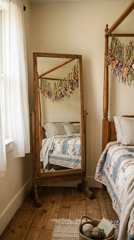12 Floor Mirror Bedroom Cottagecore Wooden Morning Light 10 10. Mirror Reflecting a Canopy Bed Draped With Dried Flower Bunting