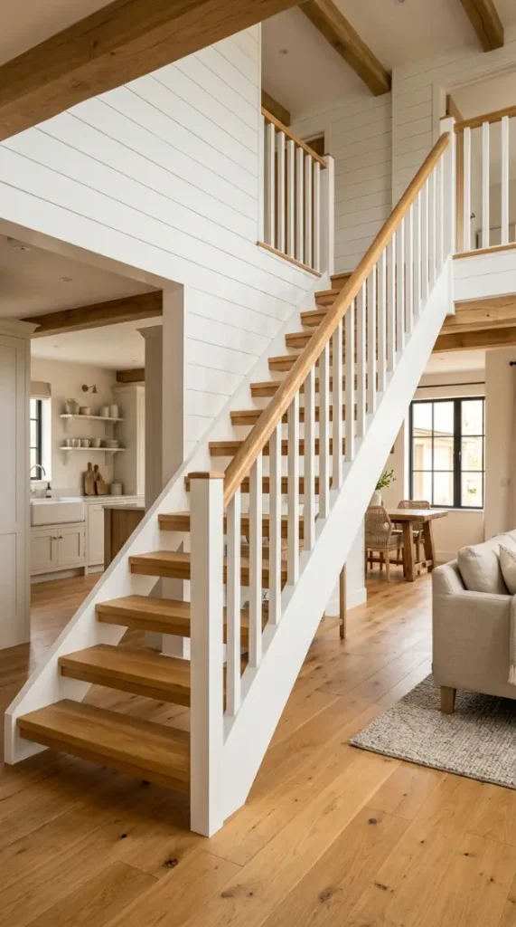 30 Modern Farmhouse Interior Design Seamless Floor Open Plan 10 10. Modern Farmhouse Staircase Visible in Open Plan