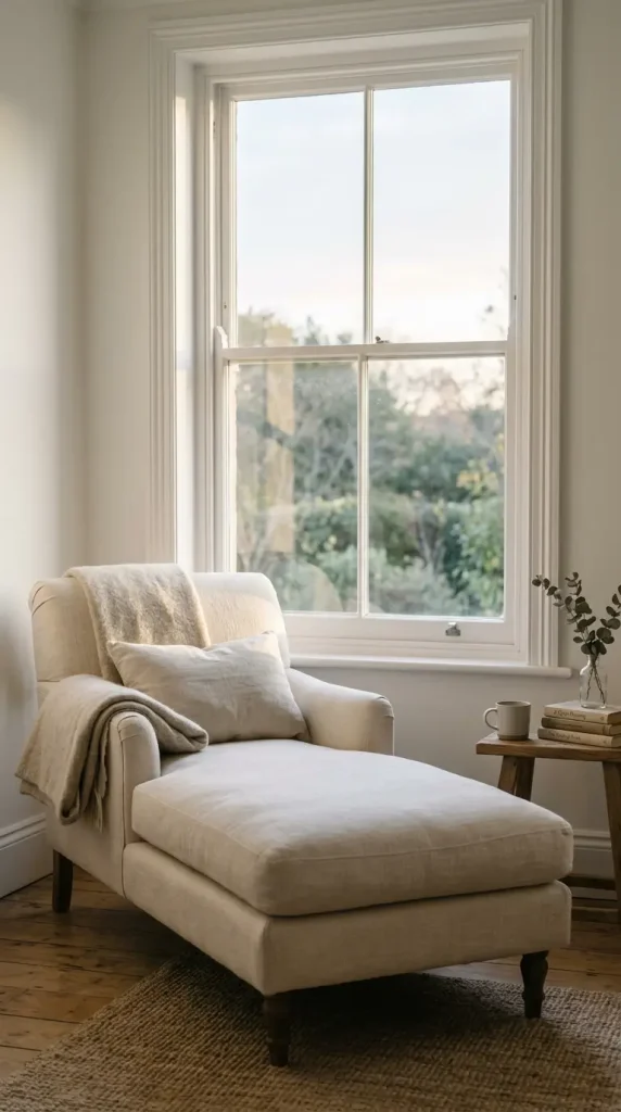 13 Chaise Lounge Reading Nook Cream Linen Window Quiet Luxury 10 10. Morning Light — The Nook at Its First Hour