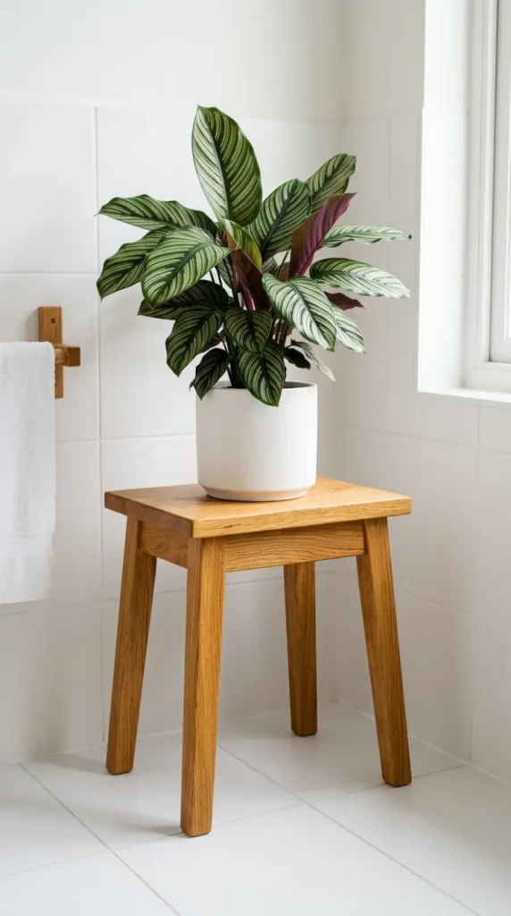 28 Minimal Bathroom Plants Decor Inspiration Oak White Style 10 10. Oak Bathroom Stool as Plant Stand