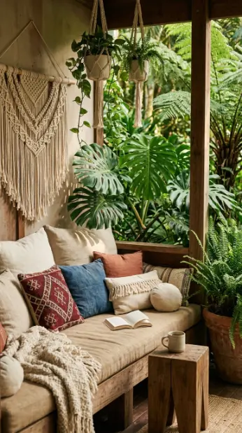 17 Indoor Outdoor Living Boho Macramé Jungle Garden View 10 10. Open-Air Boho Reading Nook Surrounded by Jungle