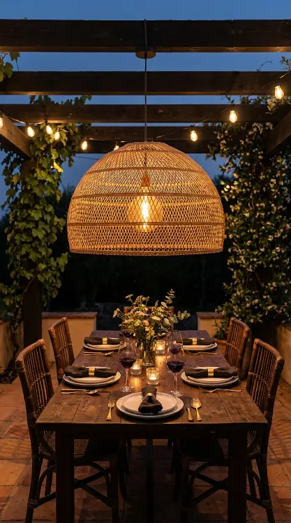 26 Outdoor Patio Ideas With a Cozy Pergola Dining Setup 10 10. Outdoor Pendant Light Over the Pergola Dining Table