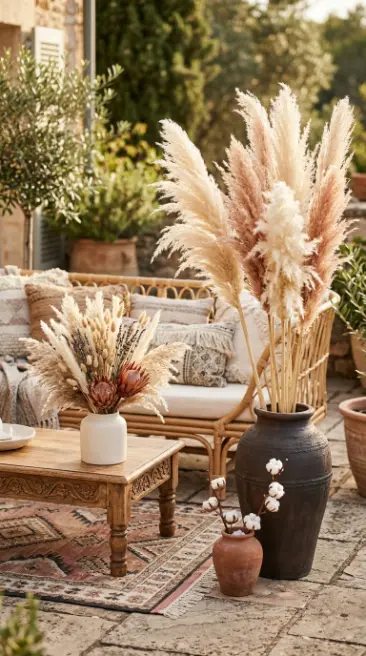 28 Outdoor Patio Ideas for a Boho Layered Living Room 10 10. Pampas Grass and Dried Botanicals as Boho Floral Styling