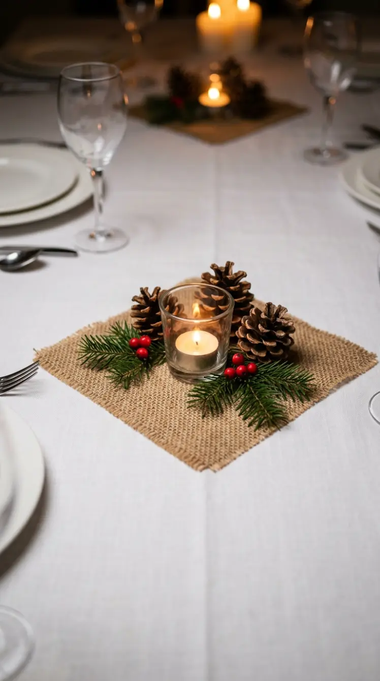 13 Festive Table Decorations Candles Classic Christmas Green 10 10. Pinecone and Candle Clusters at Every Third Place Setting 1