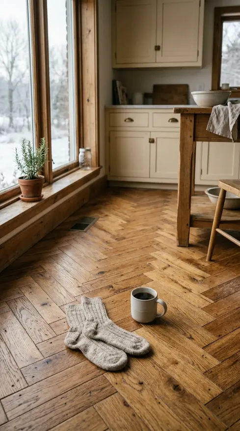 25 Kitchen Flooring Ideas for Farmhouse Herringbone Reclaimed 10 10. Reclaimed Herringbone with Integrated Heating — Morning Warmth Detail