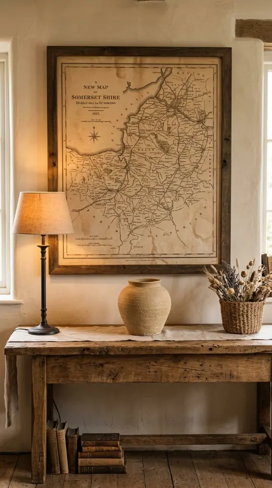 26 Console Table Styling Reclaimed Wood Rustic Farmhouse 10 10. Reclaimed Wood Console With a Vintage Map or Architectural Drawing Above