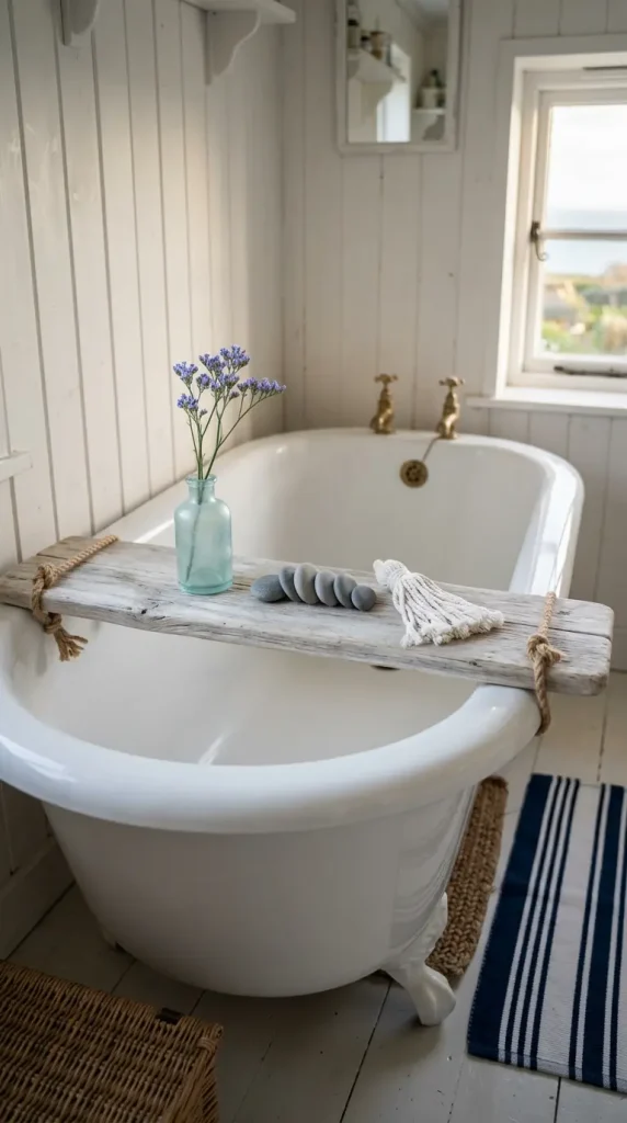 18 Bathtub Caddy Vintage Clawfoot Rustic Wood Floral Brass 10 10. Rope and Driftwood Clawfoot Caddy in a Nautical Cottage Bathroom