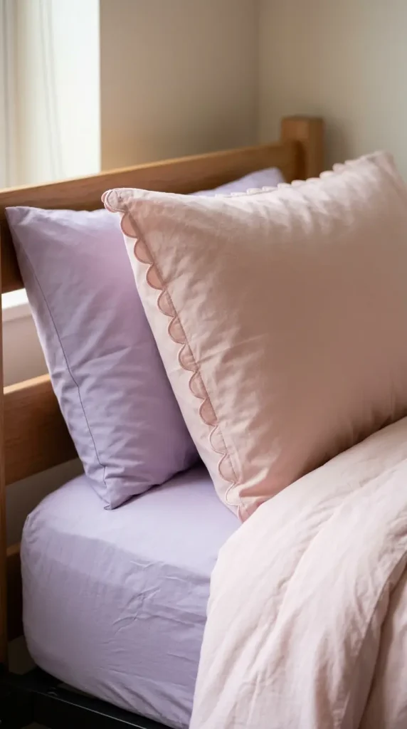 16 Dorm Bedding Ideas Pastel Aesthetic Girls Twin XL 10 10. Scalloped or Ruffle-Edge Pillowcases for a Soft Detail