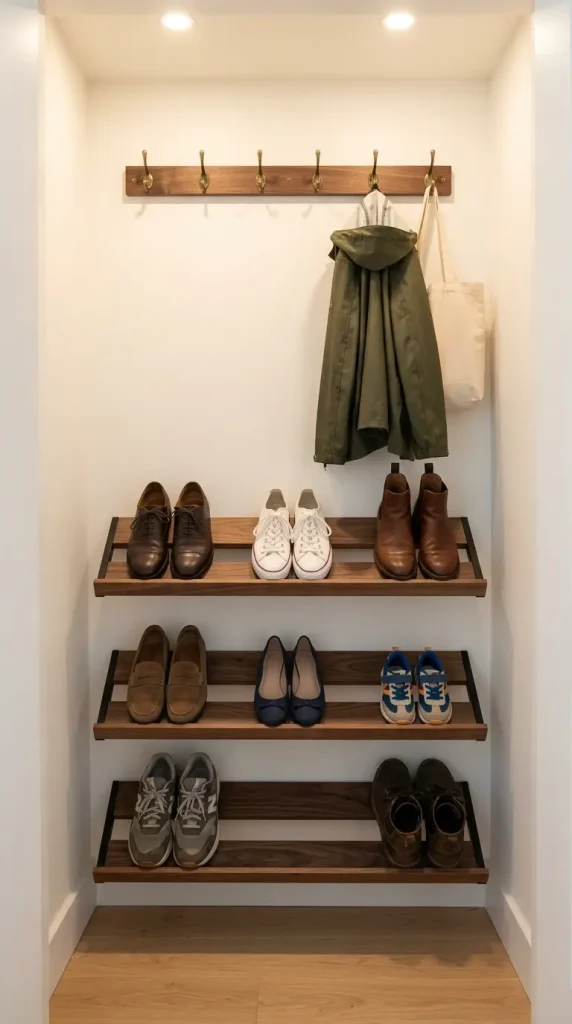 14 Small Storage Closet Organization Coat Closet Mudroom 10 10. Shoe Rack Wall System Below the Hook Zone