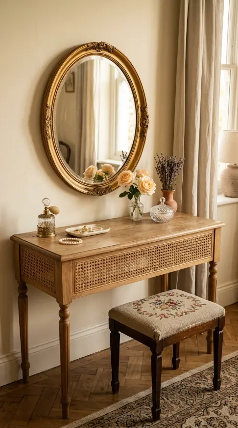 14 Vintage Bedroom Ideas Cane Rattan European Elegant 10 10. Style a Cane Vanity Dressing Table as a European Beauty Ritual Moment