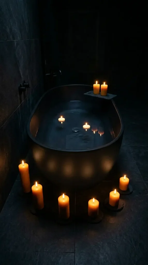 15 Bath Tub Decor Ideas Dark Moody Candlelit Night Soak 10 10. Style a Dark Moody Night Soak With a Black Freestanding Tub
