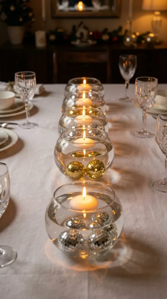 13 Festive Table Decorations Candles Floating Glass Ethereal 10 10. Submerged Silver and Gold Ornaments in Clear Glass Bowls With Floating Candles