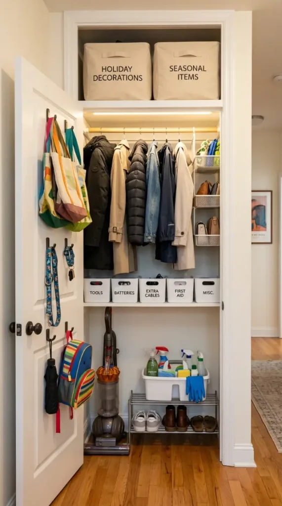 25 Small Storage Closet Organization Tiny Apartment Ideas 10 10. The Hall Closet — Multipurpose Small Entry Storage