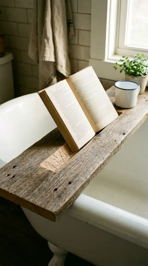 24 Rustic Bathtub Tray Ideas with Reclaimed Farmhouse Wood 10 10. The Reclaimed Wood Tray with Built-In Book Stand — Functional Notch Detail
